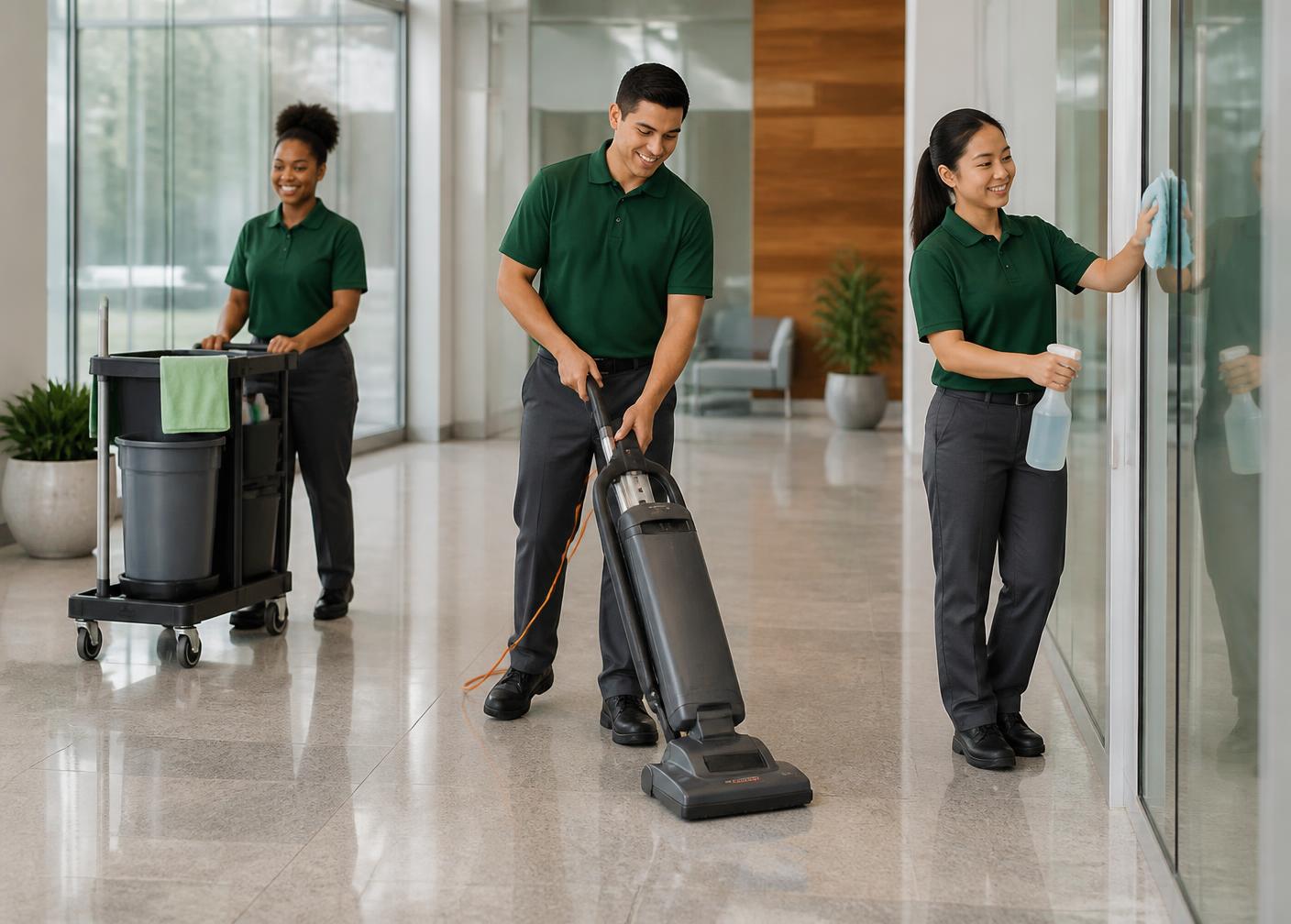 An Eronix Building Services crew in plain forest green uniforms cleaning a modern commercial office lobby
