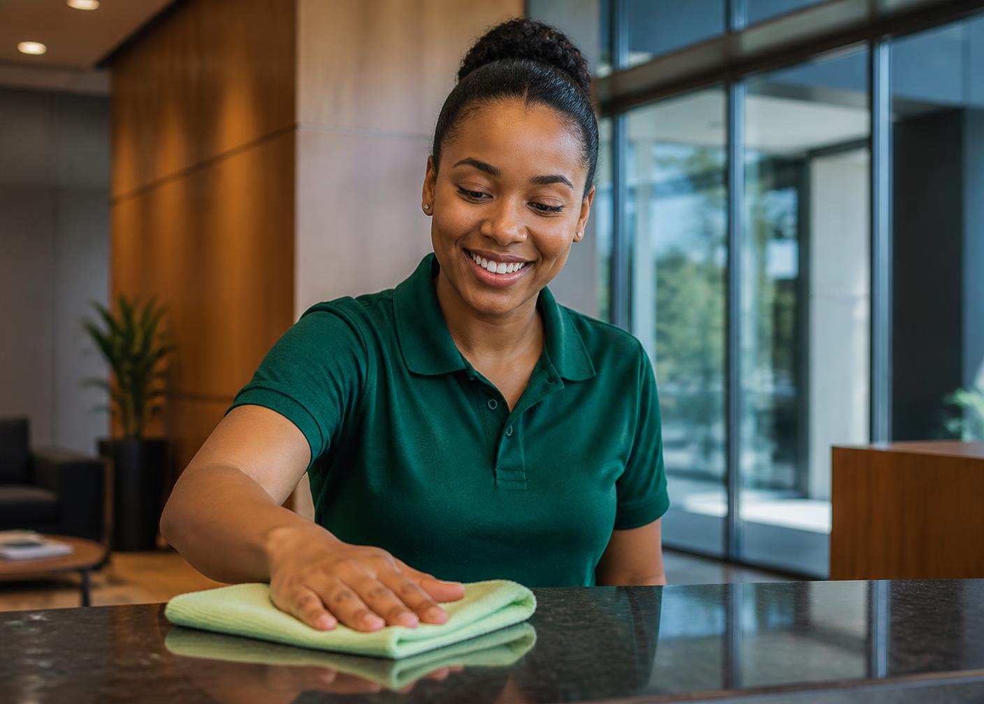 Two cleaners in plain forest green polos wiping down desks in an open-plan corporate office during an evening shift