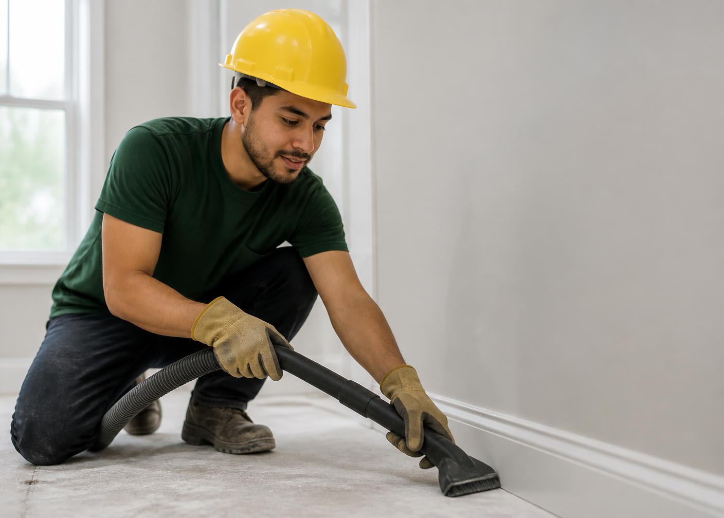 A three-person cleaning crew in plain forest green shirts and yellow hard hats sweeping construction debris inside a framing-stage building