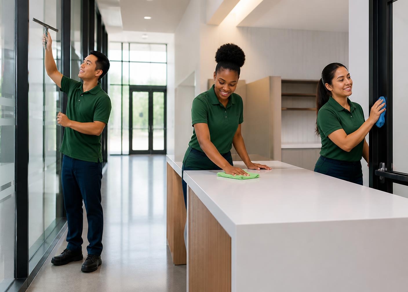 A cleaning technician in a plain forest green uniform detailing a window sill in a newly completed commercial interior