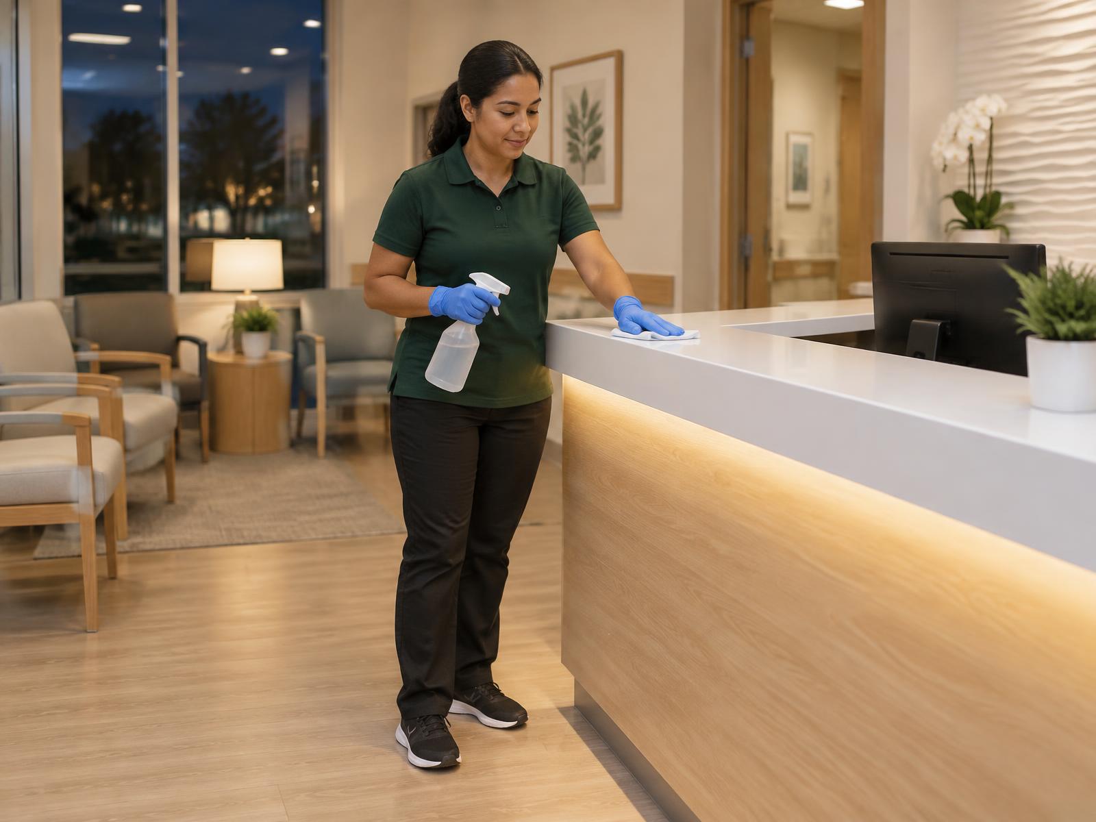 A cleaning professional in a plain green polo wiping down the reception desk of a modern corporate office lobby