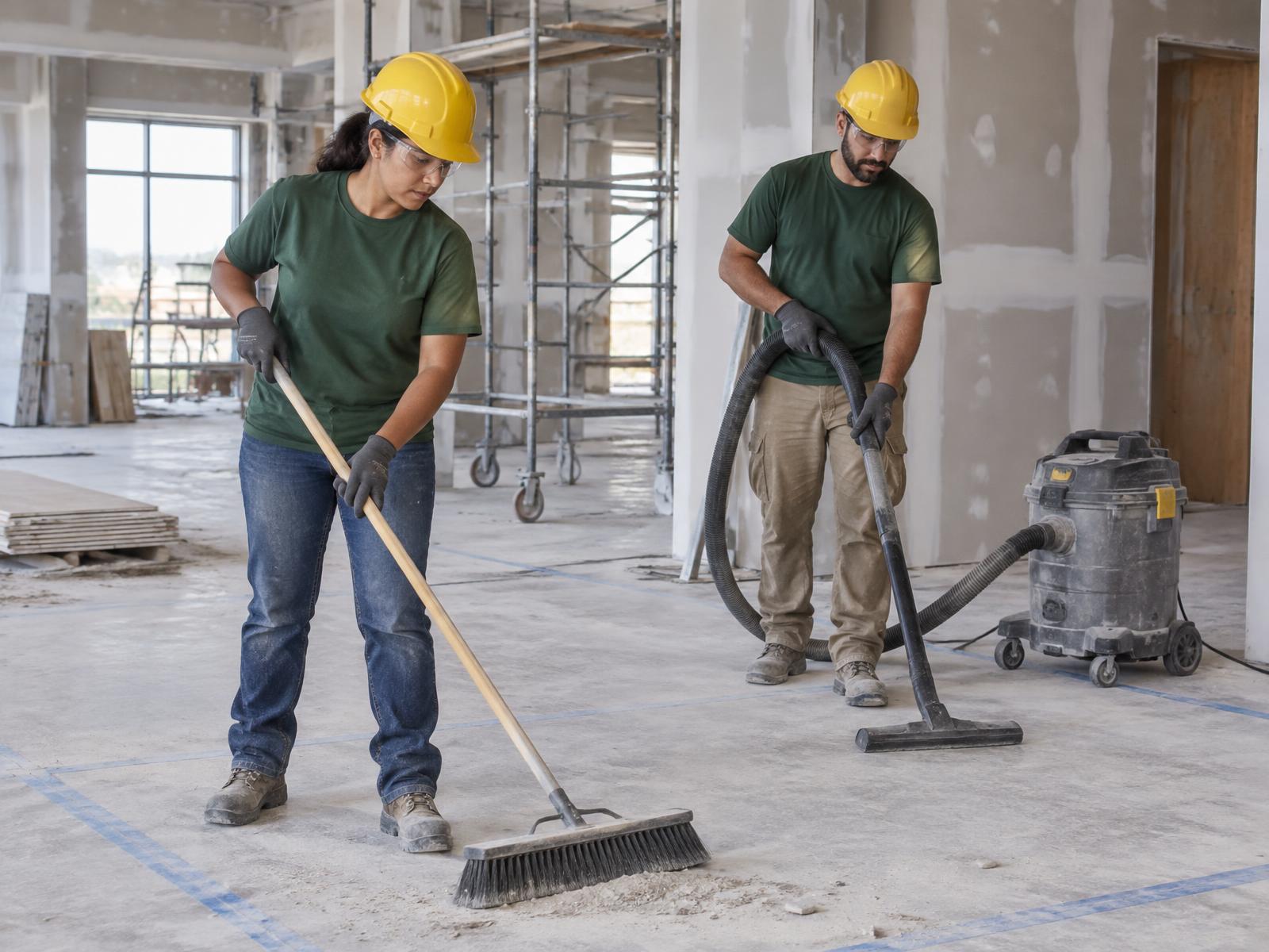 Two construction cleaning workers in plain green shirts and hard hats sweeping and vacuuming dust inside an active commercial construction site